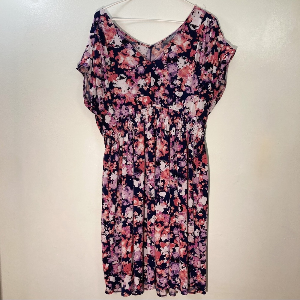 Floral Pink Purple V Neck Midi Dress with Ruffle Sleeve and Elastic Waist